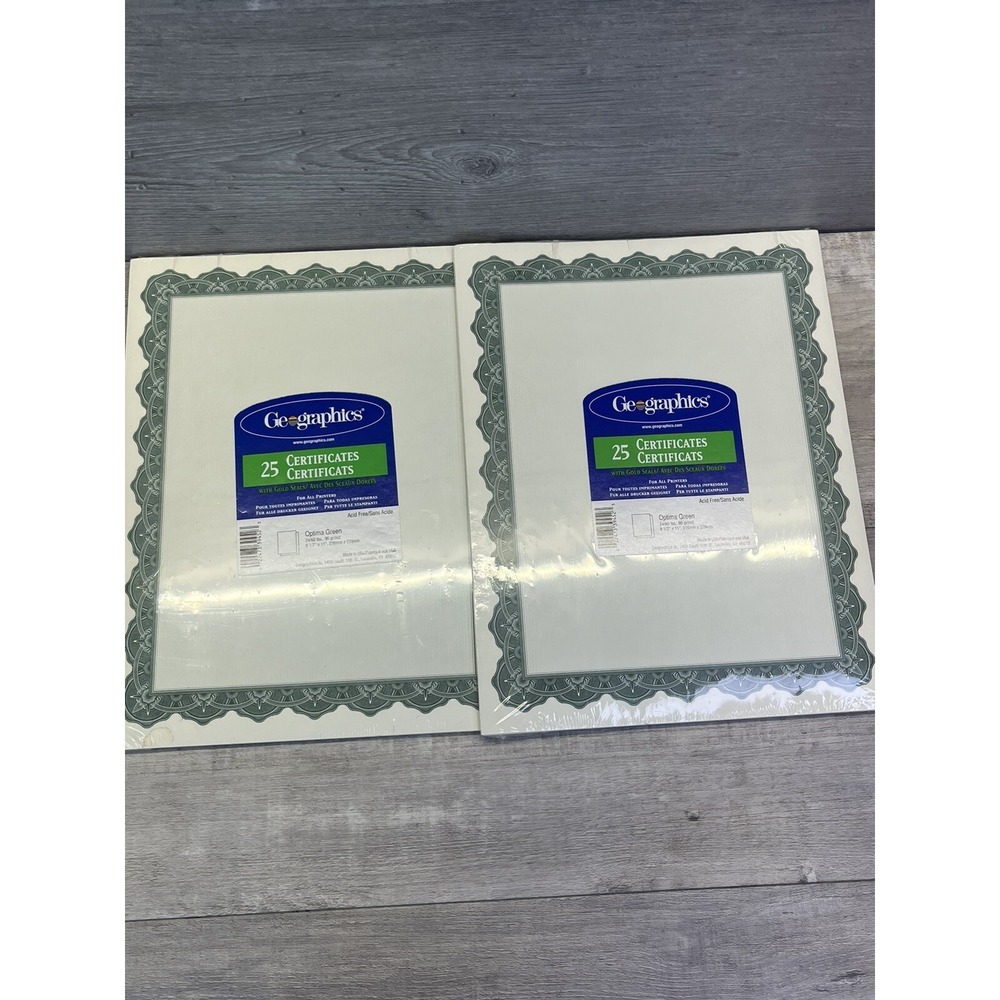 Geographics Certificates Optima Green Border Gold Seal 25 Pack Lot of 2 8.5x11